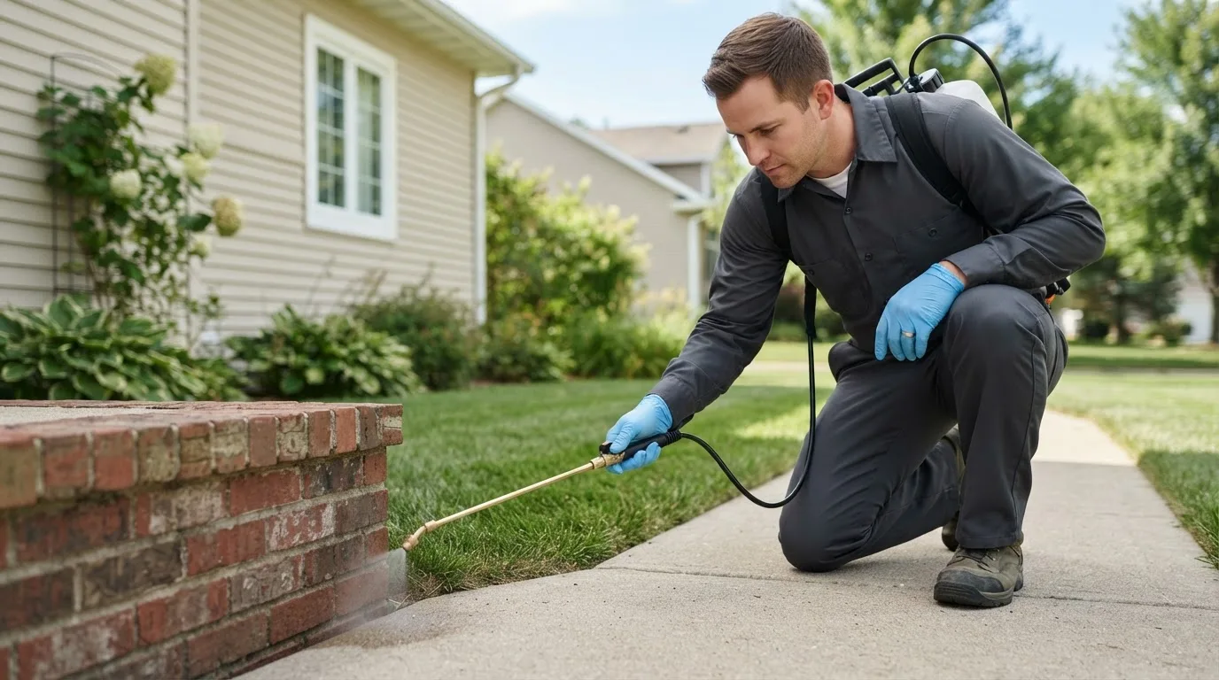 Pest control technician treating a home near Coden, AL